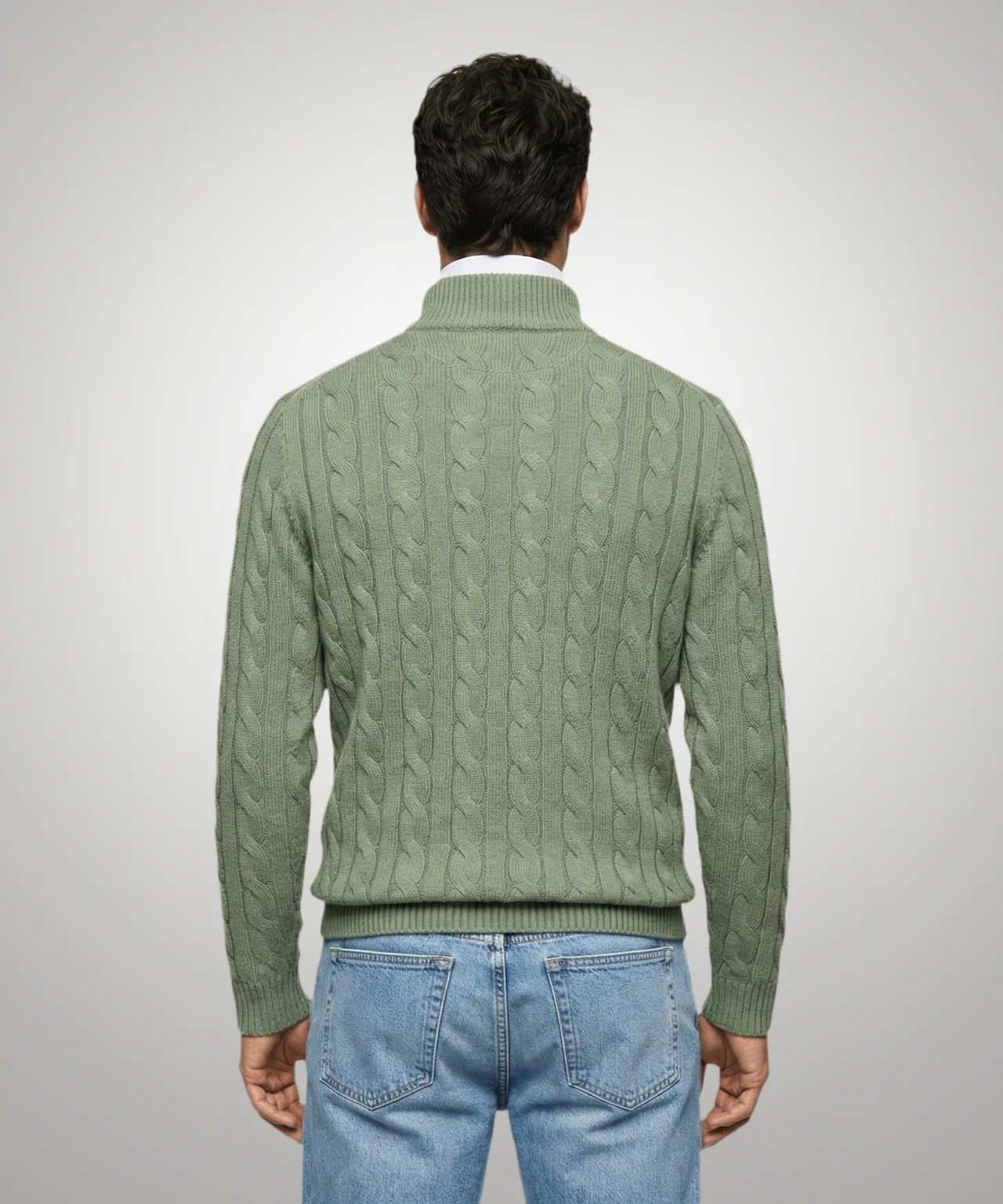 Half-Zip Cable Knit Sweater Cotton | Light Olive - Image 3