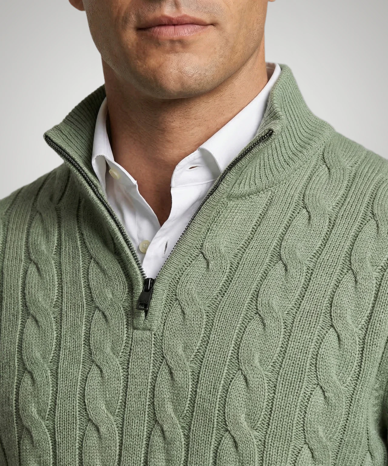 Half-Zip Cable Knit Sweater Cotton | Light Olive - Image 5