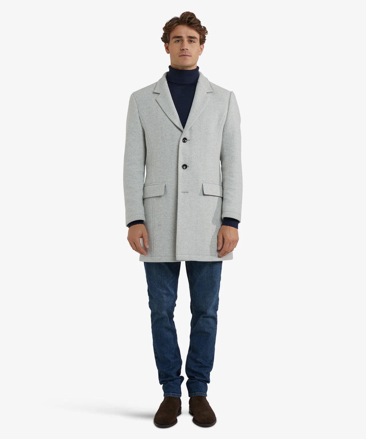 Herringbone Wool Overcoat | Medium Grey Melange - Image 3