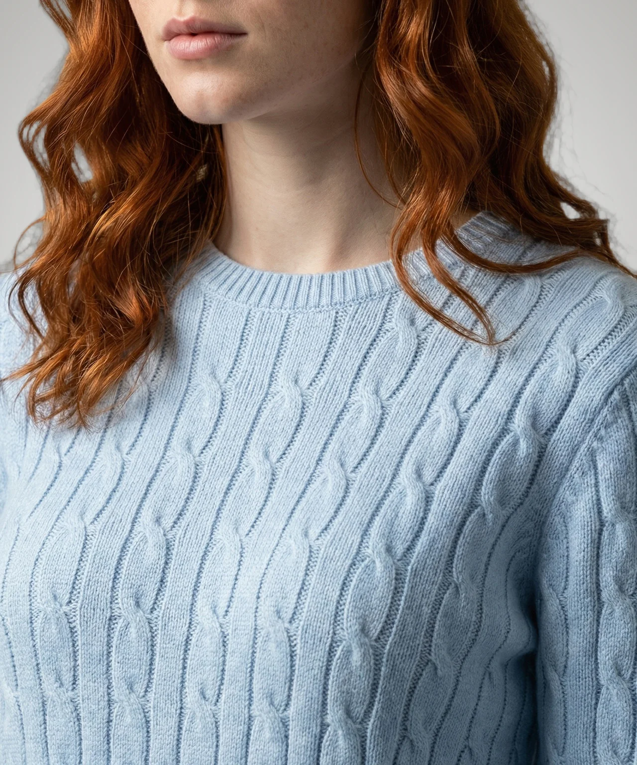 Sweater Cable Knit Cotton-Cashmere Round Neck | Light Blue - Image 5