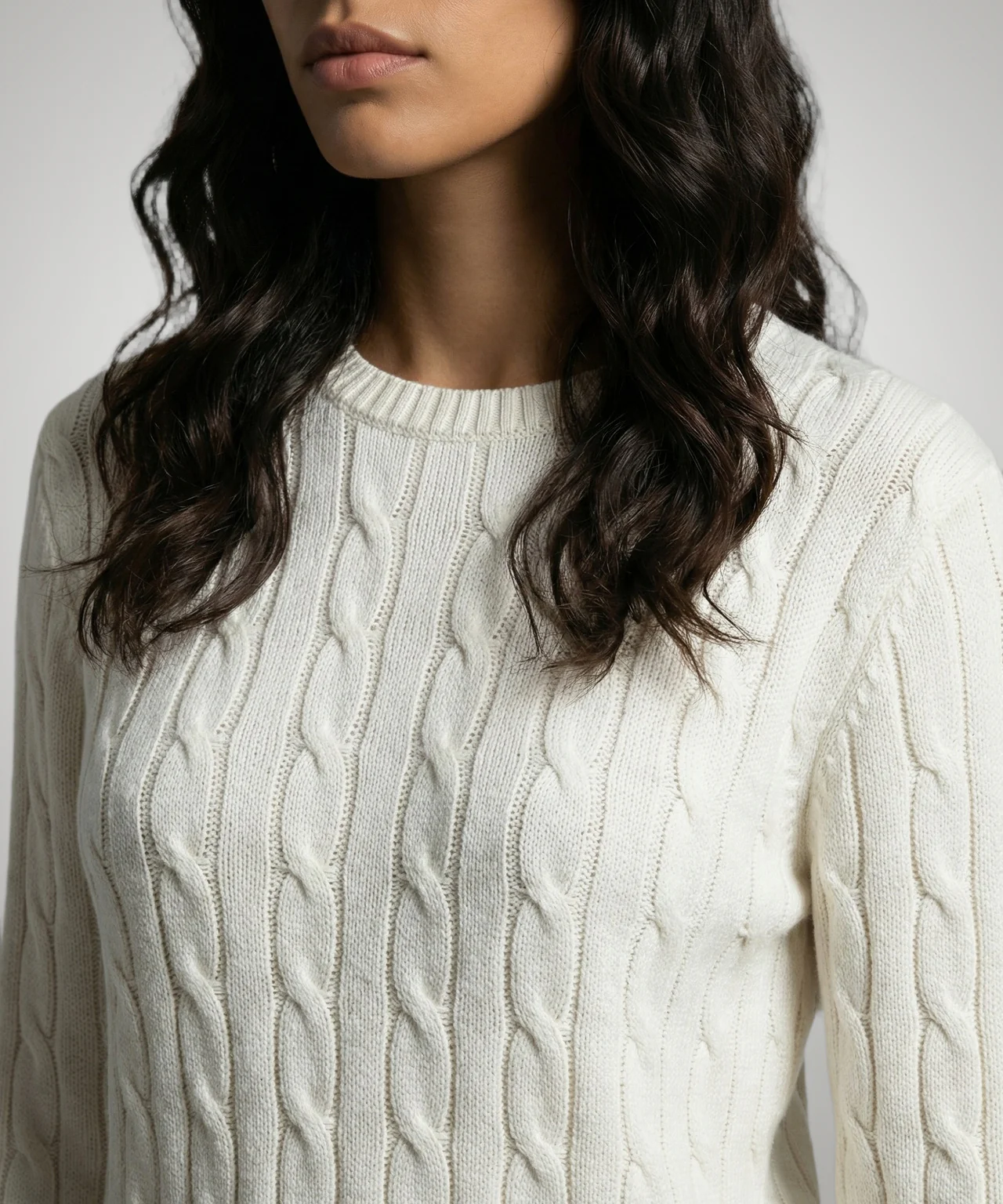 Sweater Cable Knit Cotton-Cashmere Round Neck | Off White - Image 5