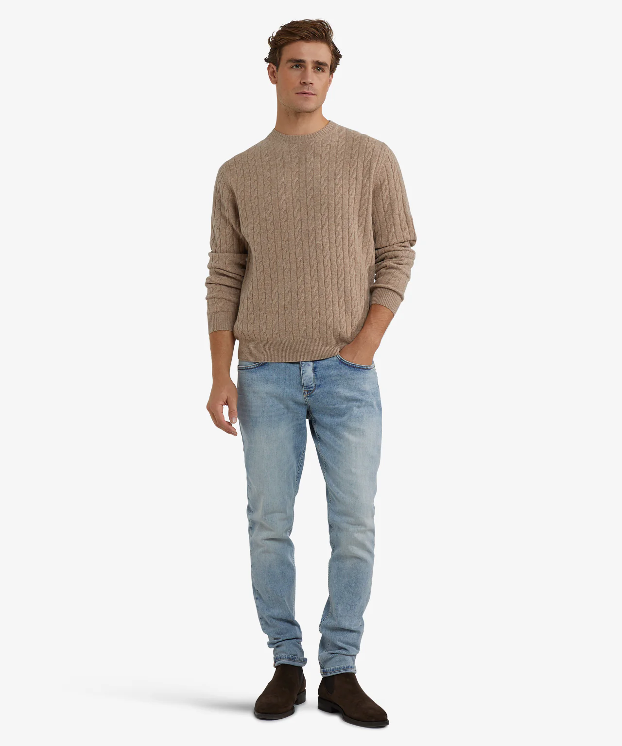 Lambswool Round Neck Cable Knit Sweater | Sand - Image 3