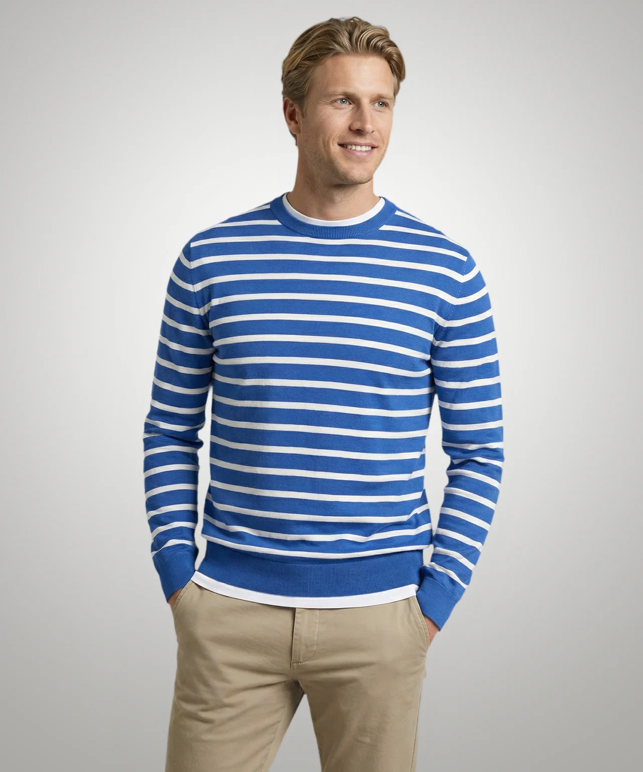 Striped Cotton Crew Neck Sweater | Cobalt